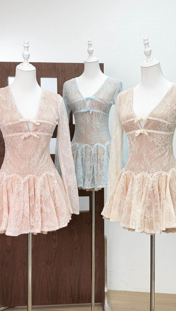 AIIZIE EILEEN LONG-SLEEVE V-NECK LACE A-LINE MINI DRESS IN PINK - product image