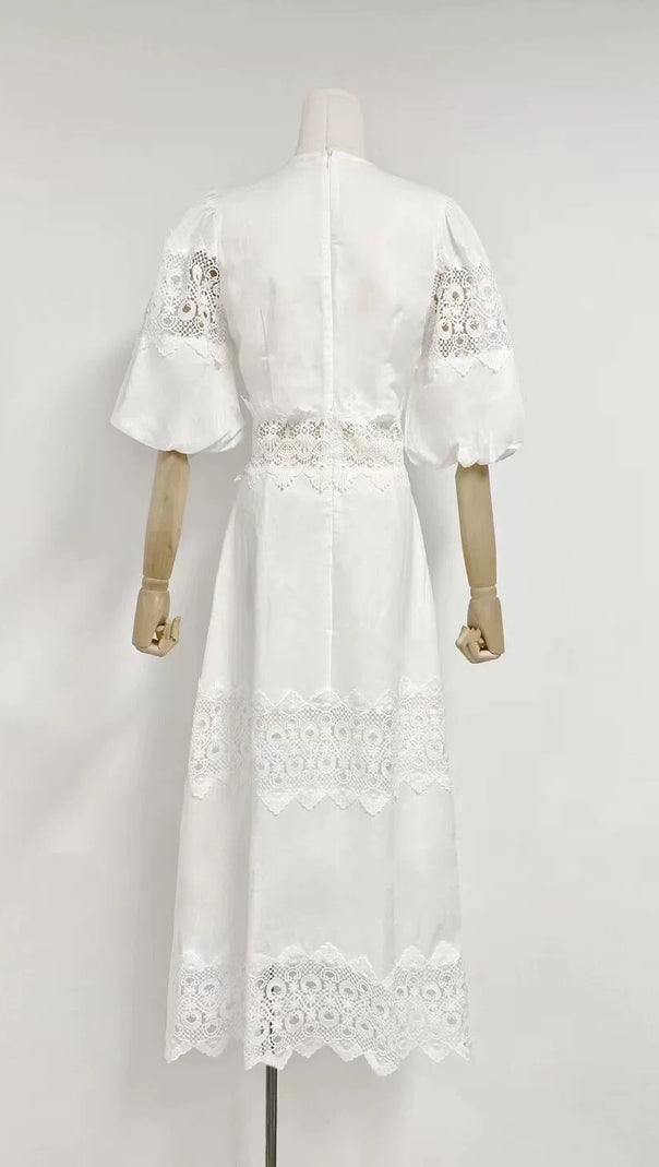 AIIZIE HAZEL WHITE EMBROIDERED ROUND NECK PUFF SLEEVE MIDI DRESS - product image