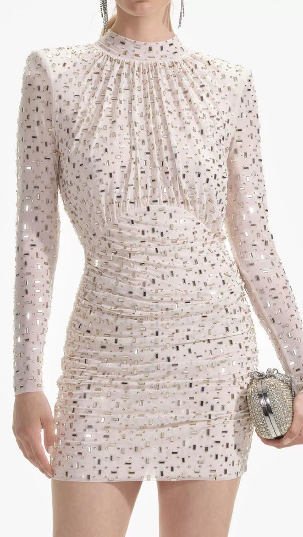 AIIZIE ALTHEA CHAMPAGNE RHINESTONE MESH MINI DRESS - product image