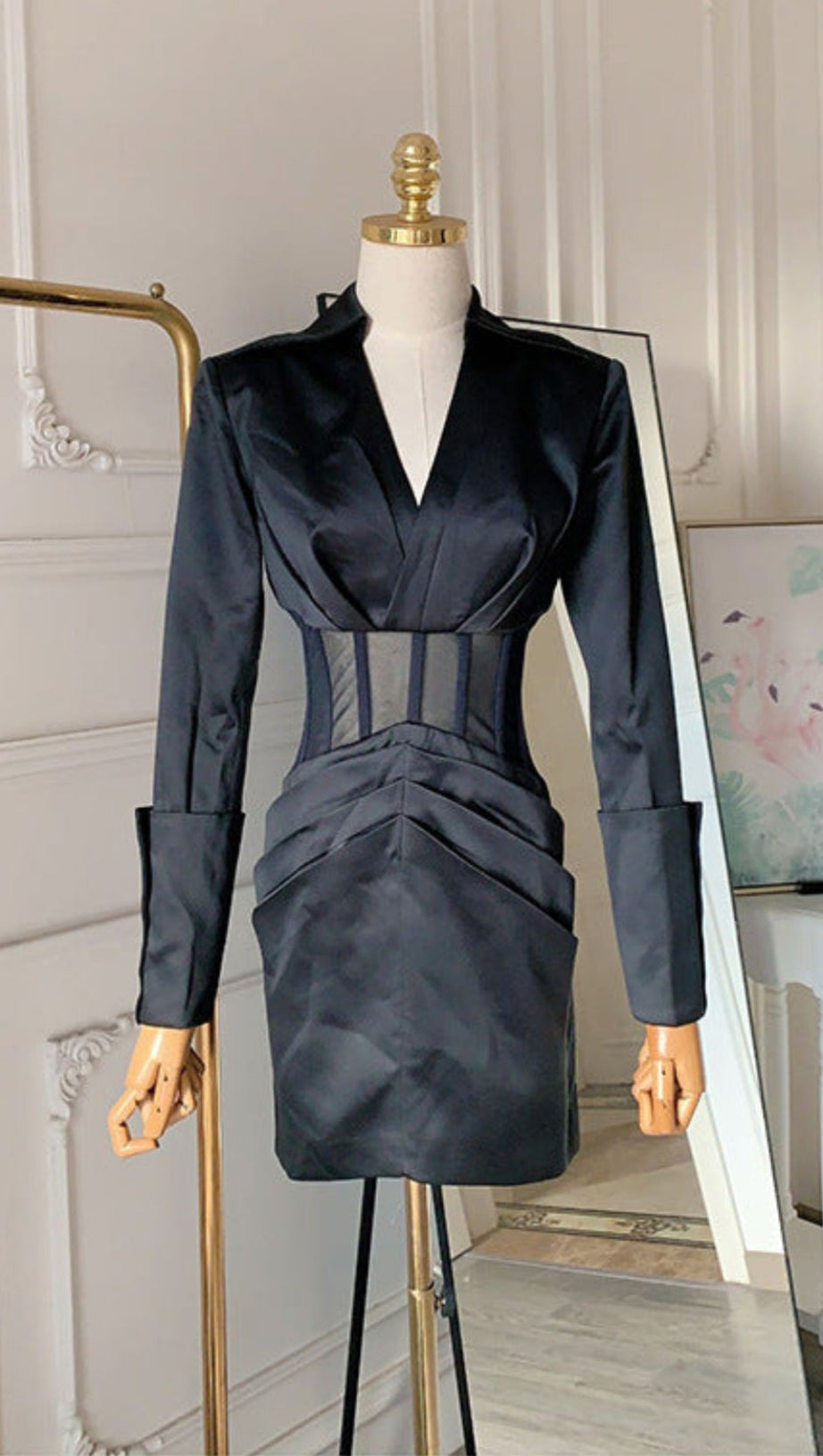 ALYSSA DEEP V SEE-THROUGH FISHBONE PLEATED HIP BLAZER MINI DRESS IN BLACK