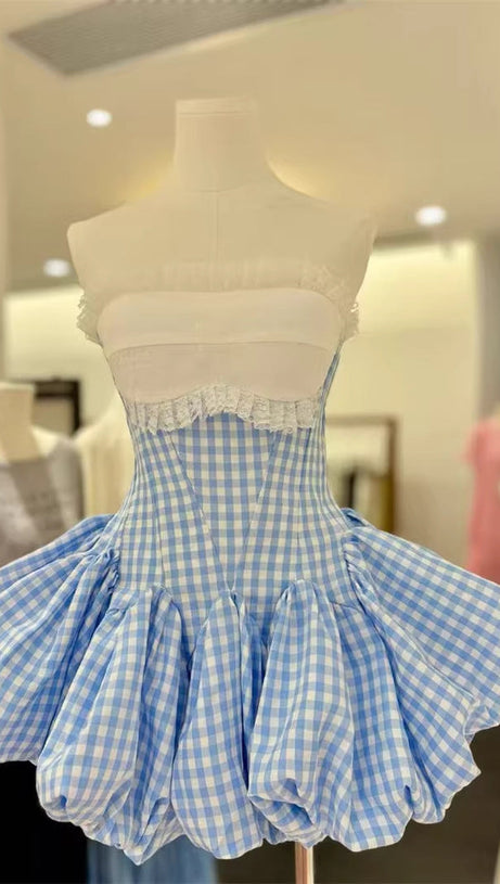 stephanie plaid strapless puffy mini dress - blue