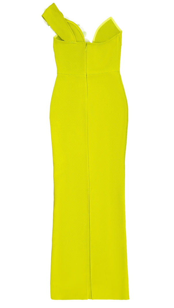 AIIZIE YELLOW-GREEN ONE-SHOULDER FLORAL BANDAGE SPLIT MAXI DRESS - product image