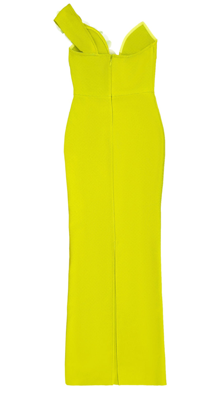 GELBGRÜNES ONE-SHOULDER-MAXIKLEID MIT BLUMENMUSTER UND GESPLITTETEM BANDAGE