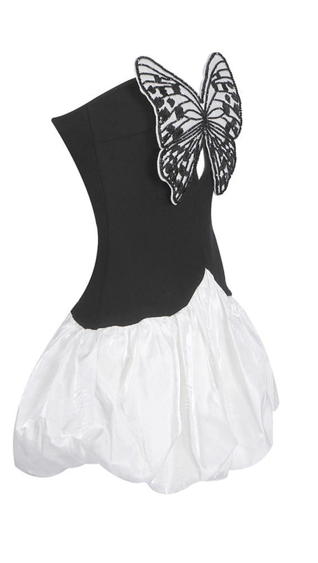 BUTTERFLY EMBROIDERED BODICE PUFFBALL MINI DRESS IN BLACK