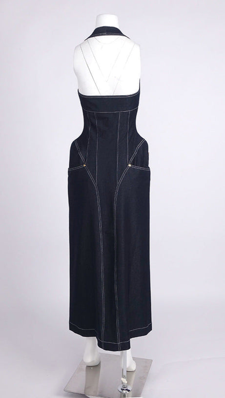 ABITO MIDI CON CORSETTO E HALT IN DENIM BLU NAVY