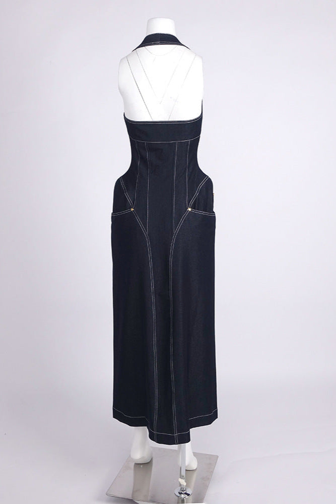 HALTERED CORSETED MIDI DRESS DENIM IN NAVY BLUE