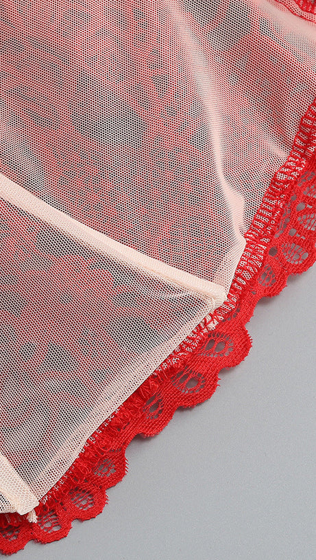 LACE-EMBELLISHED TRUMPET SLEEVE JUMPSUITS IN RED