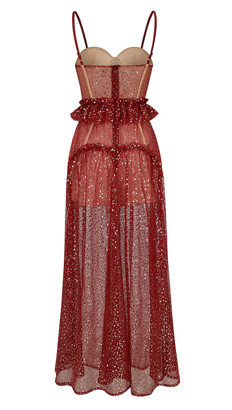 ABITO MIDI IN STILE CORSETTO CON PAILLETTES ROSSE TRASPARENTI