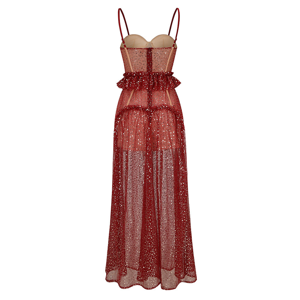 AIIZIE RED SHEER SEQUINED CORSET - STYLE MIDI DRESS - product image