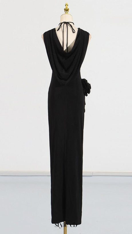 ABITO MIDI CON CAPPUCCIO E FIORI 3D IN METALLO TAMMY NERO