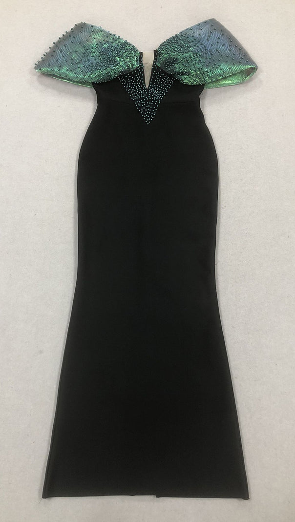 AIIZIE OFF-SHOULDER PEARL EMBELLISHED BODYCON MAXI DRESS IN BLACK - product image