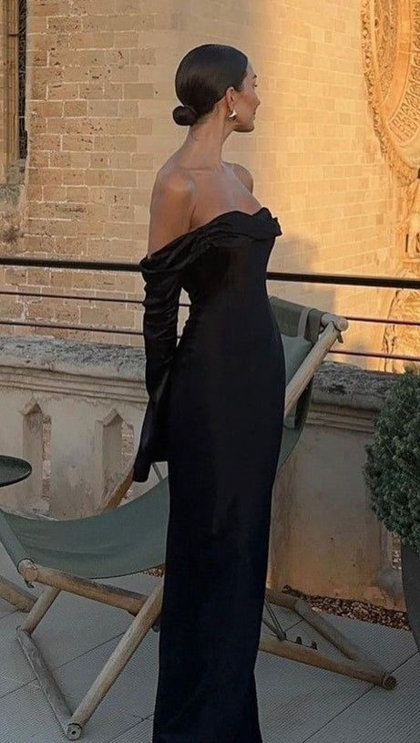OFF-SHOULDER LONG-SLEEVED BLACK DRESS