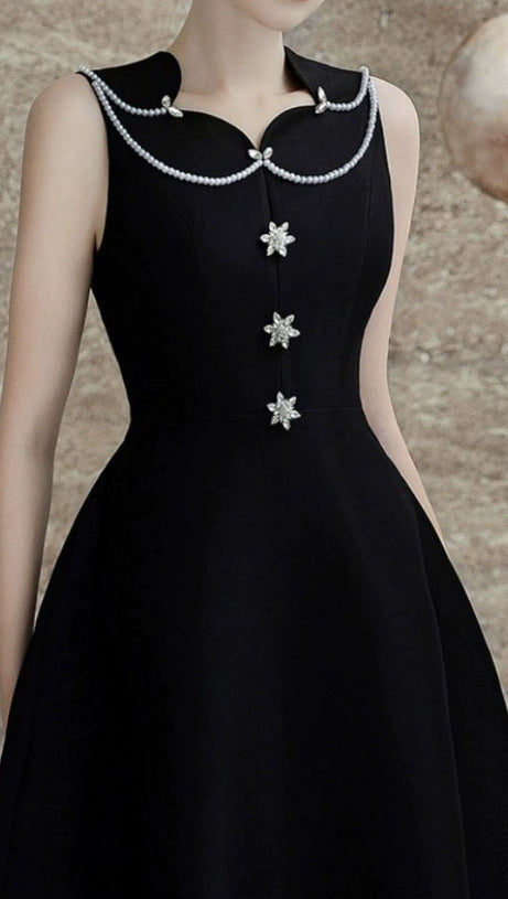 PEARL EMBELLISHED A LINE MIDI DRESS IN BLACK