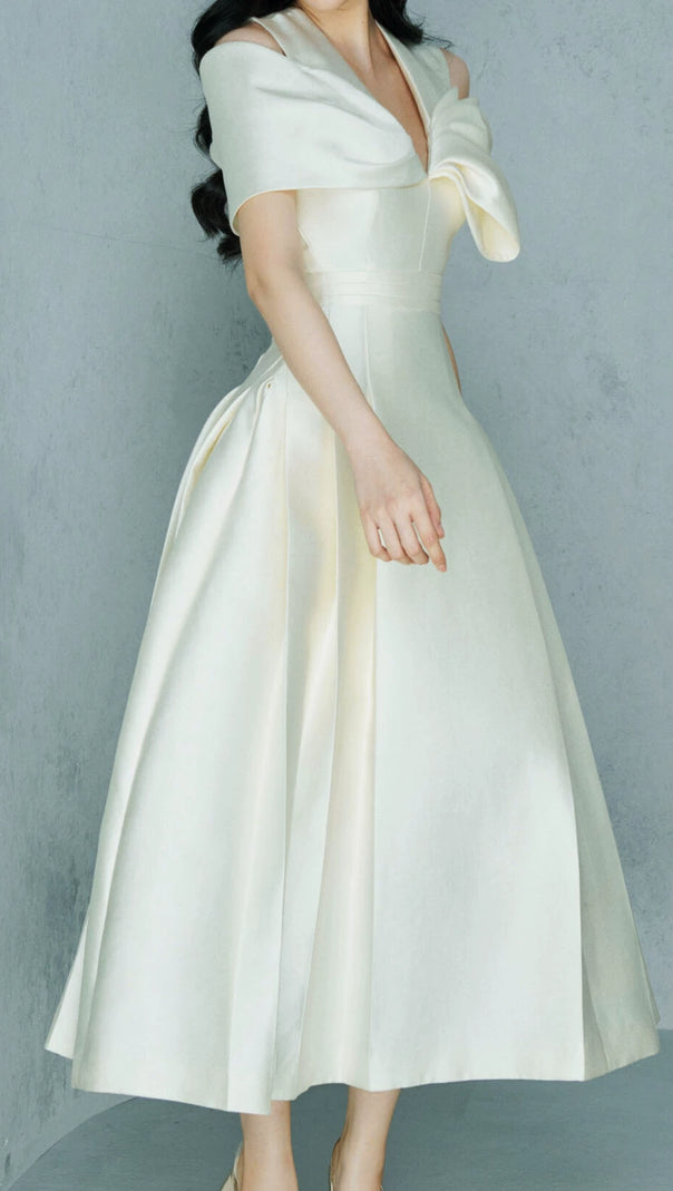 AIIZIE ALICE BEIGE WHITE PLEATED BOW OFF-SHOULDER MIDI DRESS - product image