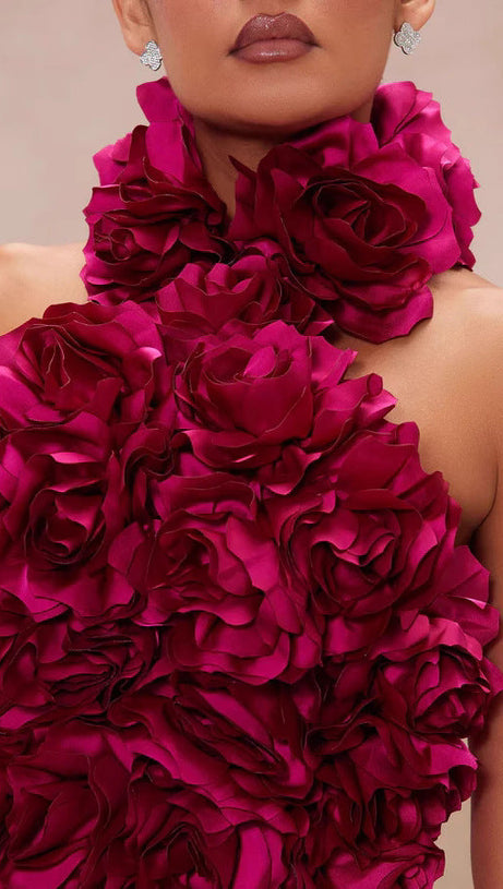 ABITO MIDI CON FASCE A FIORI ROSA SCURO