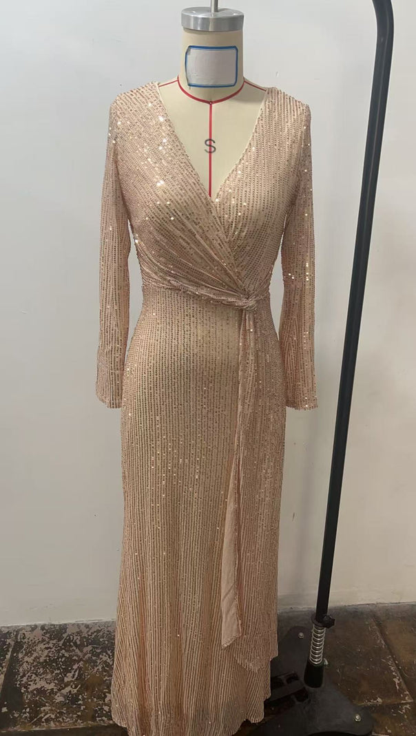 AIIZIE CHAMPAGEN SEQUINNED LONG - SLEEVED V - NECK MAXI DRESS - product image