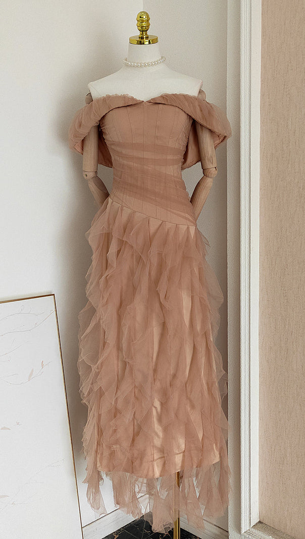 AIIZIE TULLE TUBE TOP WITH RIPPLING PATTERNMAXI DRESS IN KHAKI - product image