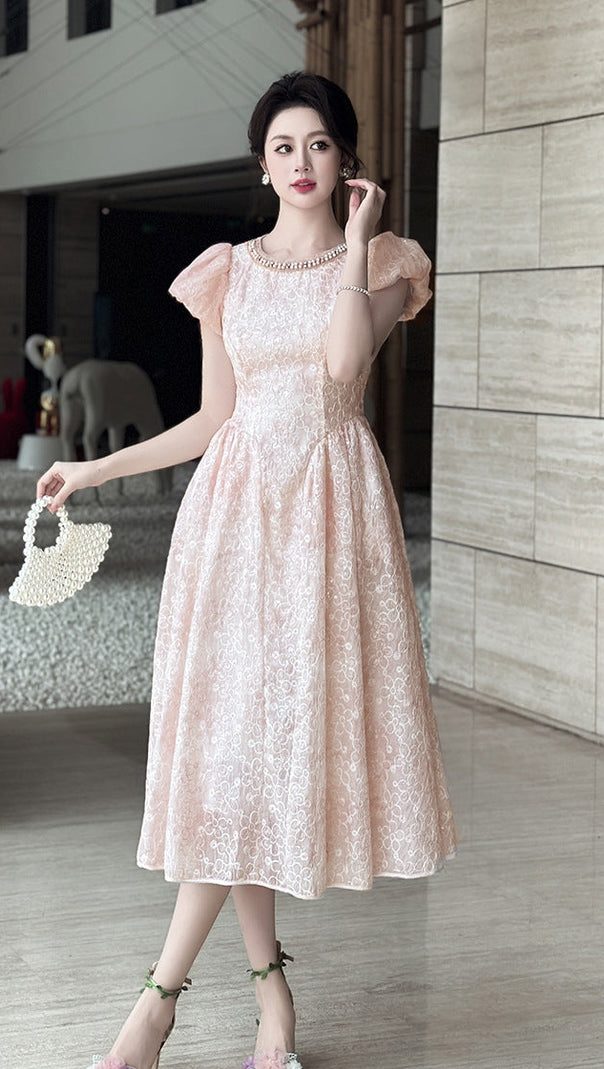 pearl neck Puff sleeve flared lace midi dress - pink