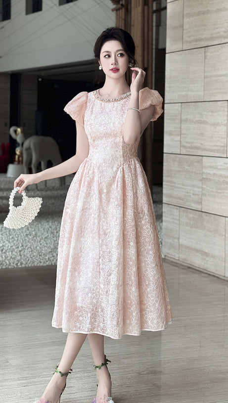 pearl neck Puff sleeve flared lace midi dress - pink