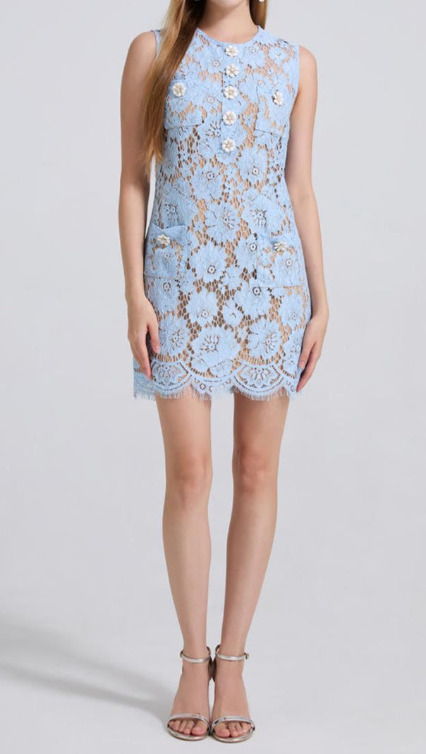 AIIZIE EUNICE HOLLOW PENCIL LACE MINI DRESS IN BLUE - product image
