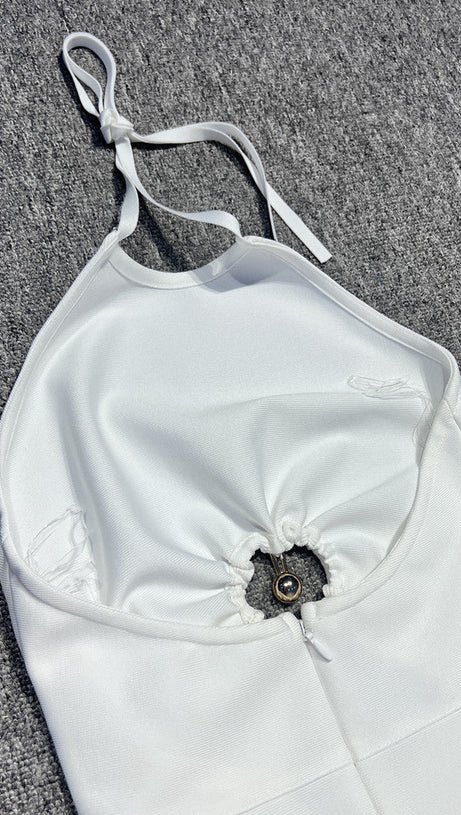 HOLLOW CUT OUT SLIT HALTER MAXI DRESS IN WHITE