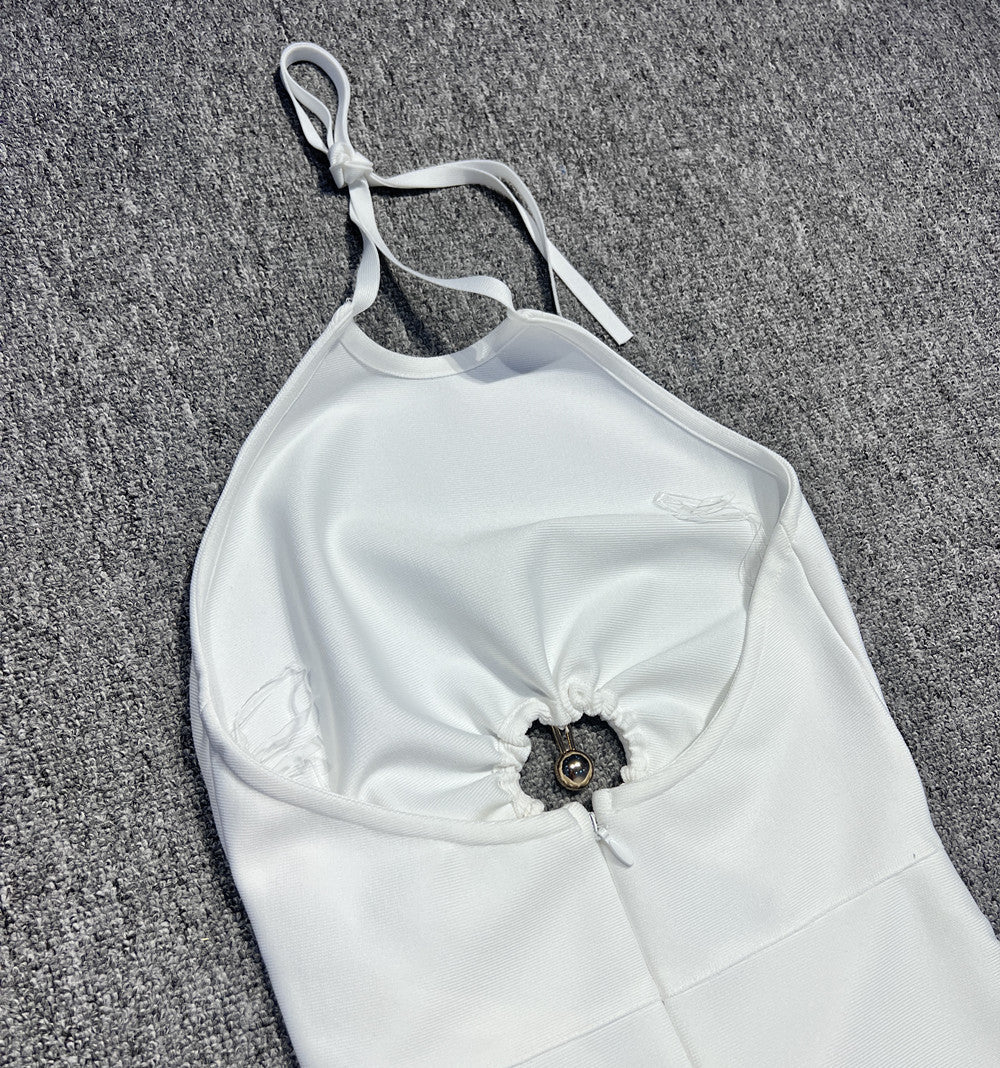 AIIZIE HOLLOW CUT OUT SLIT HALTER MAXI DRESS IN WHITE - product image