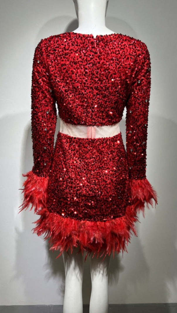 AIIZIE LONG SLEEVE PATCHWORK SEQUIN DRESS IN RED - product image