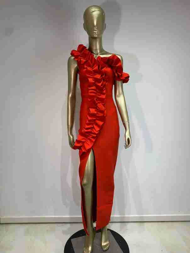 Gerüschtes V-Ausschnitt Schlitz Party Abendkleid Rot