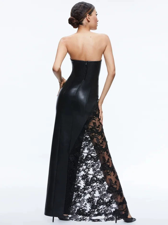AIIZIE RETHA FAUX LEATHER LACE MAXI DRESS IN BLACK - product image
