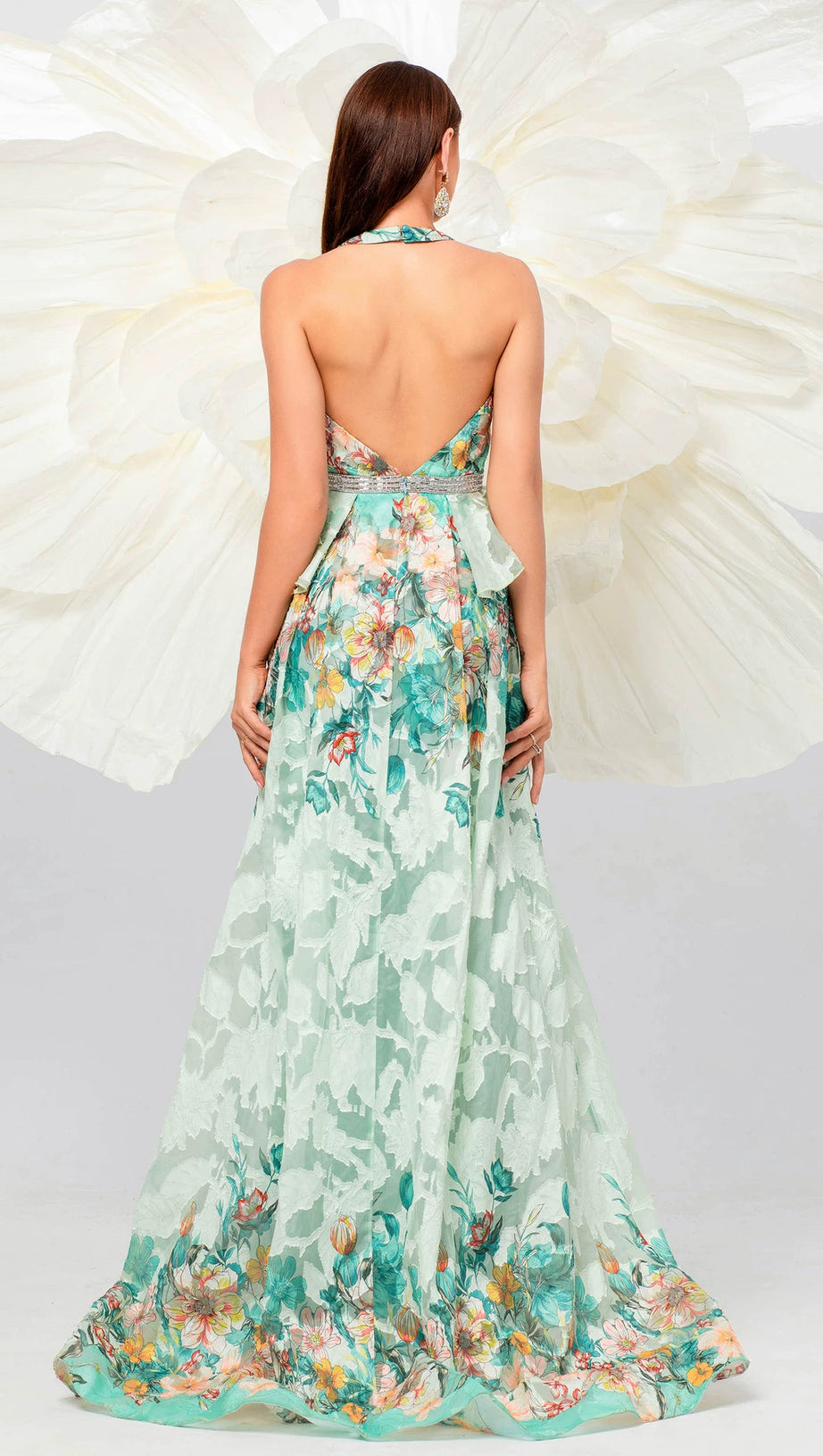 SLEEVELESS V-NECK FLORAL PRINT HALTER MAXI DRESS IN GREEN