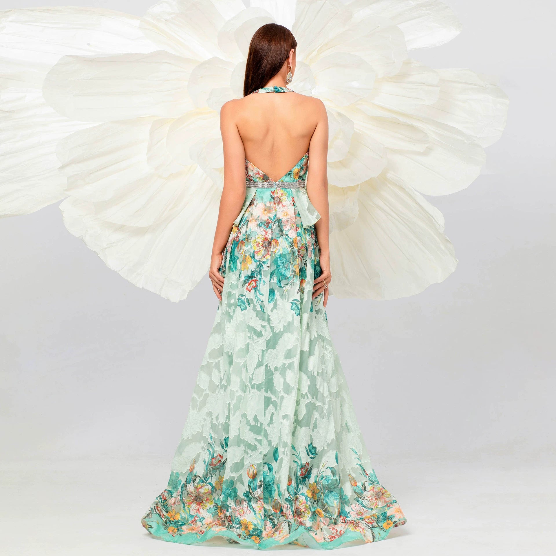 SLEEVELESS V-NECK FLORAL PRINT HALTER MAXI DRESS IN GREEN