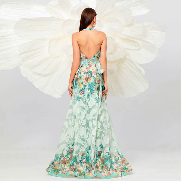 SLEEVELESS V-NECK FLORAL PRINT HALTER MAXI DRESS IN GREEN