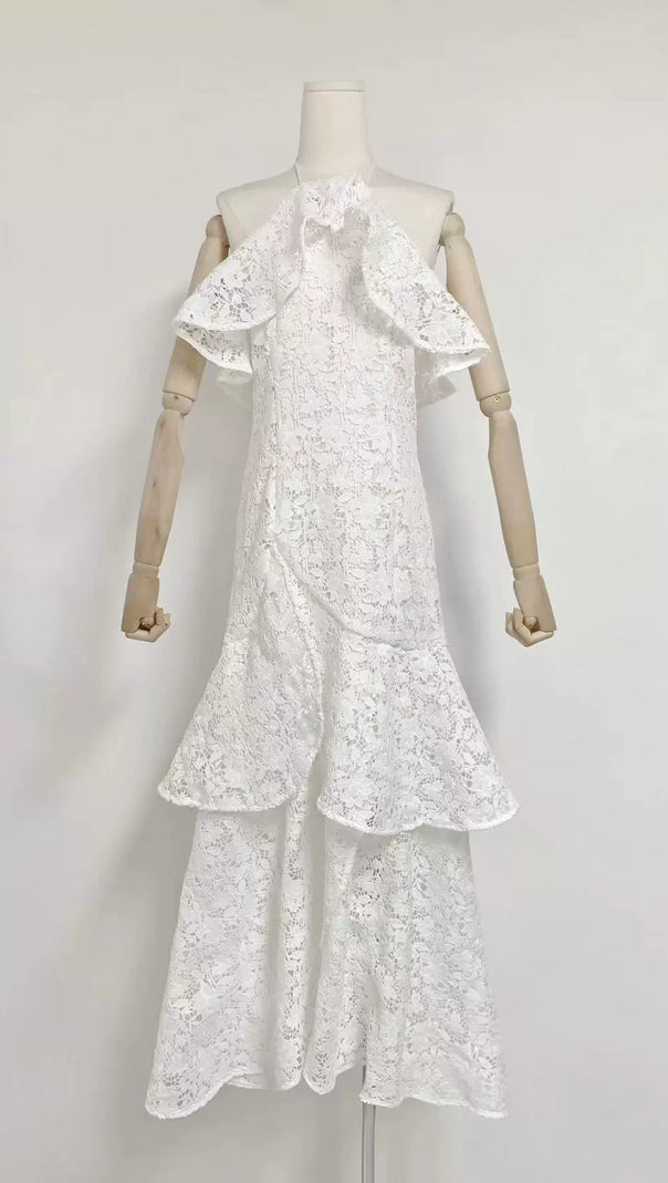 AIIZIE LYNN GARDENIA GUIPURE LACE RUFFLE GOWN IN WHITE - product image