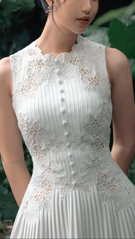 nancy lace embroidery pleated midi dress in white