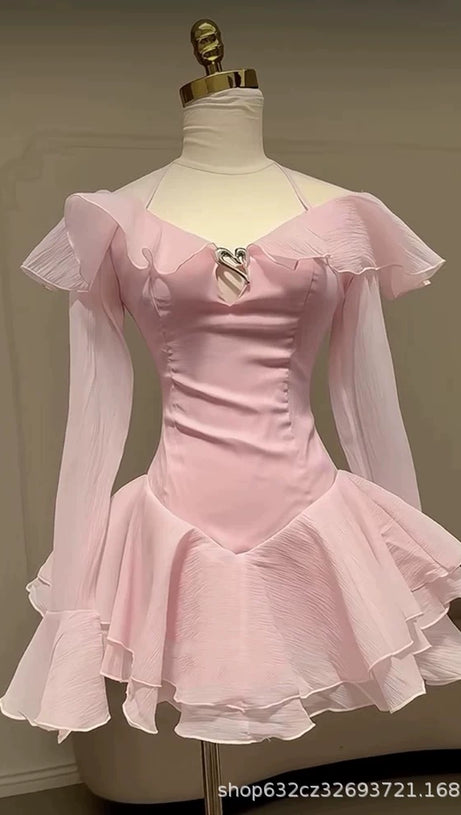 BRANDEE PINK LONG SLEEVE RUFFLE HEM MINI DRESS