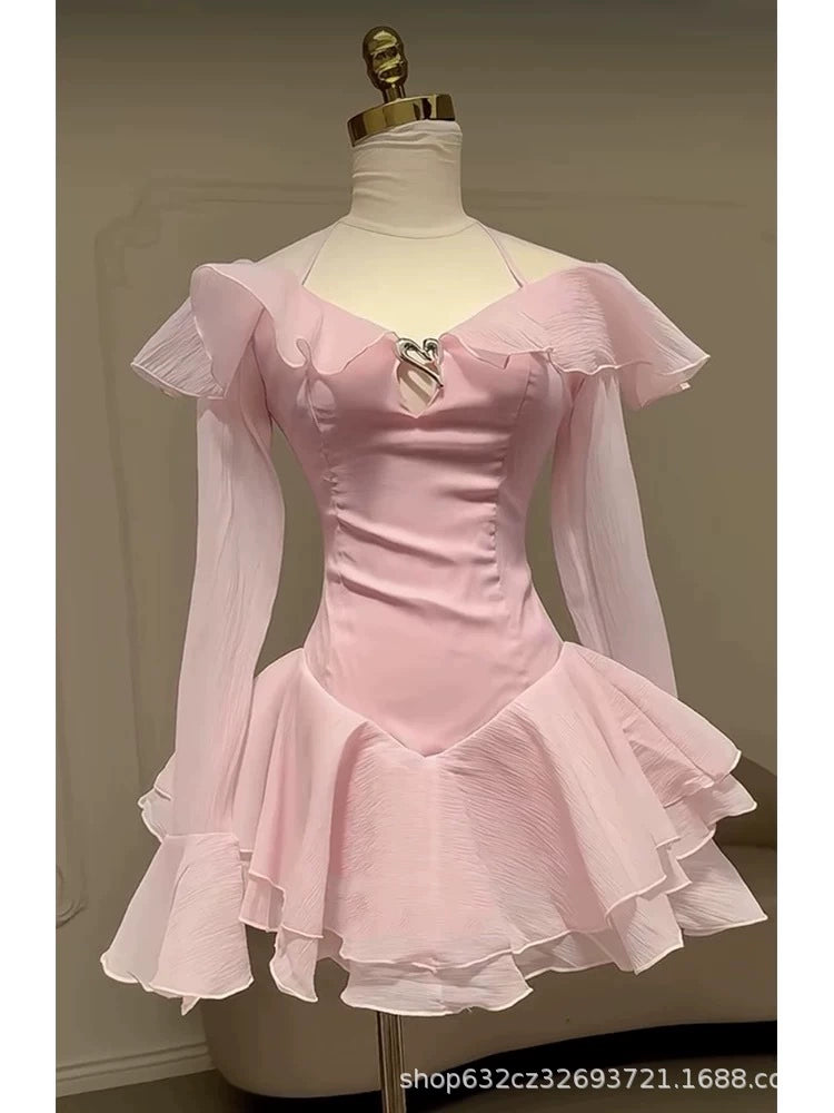 AIIZIE BRANDEE PINK LONG SLEEVE RUFFLE HEM MINI DRESS - product image