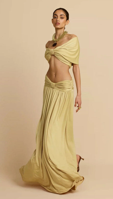 pleated top & maxi skirt set - gold