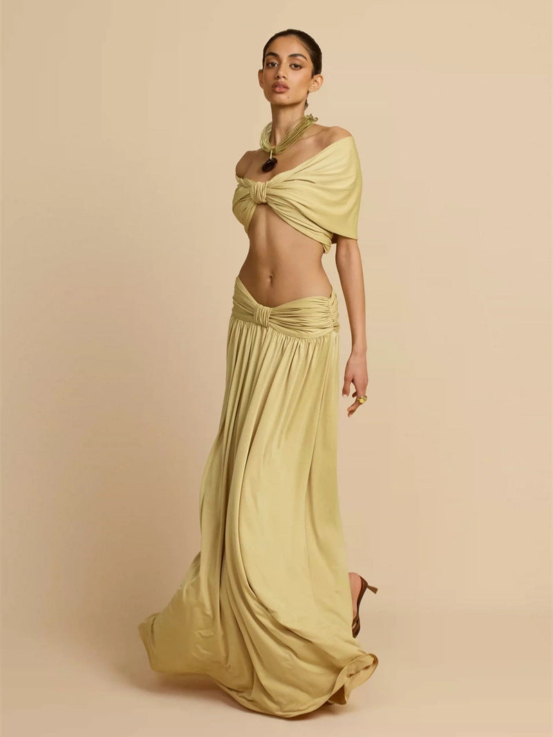 AIIZIE Pleated Crop Top and Maxi Skirt Set in Soft Gold - product image
