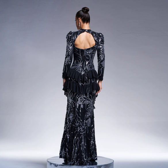 RUFFLE TRIM SEQUIN PRINT MAXI DRESS IN BLACK