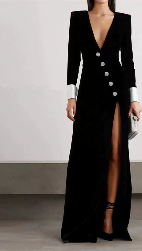 CROWN BLACK LONG SLEEVE V-NECK MAXI DRESS