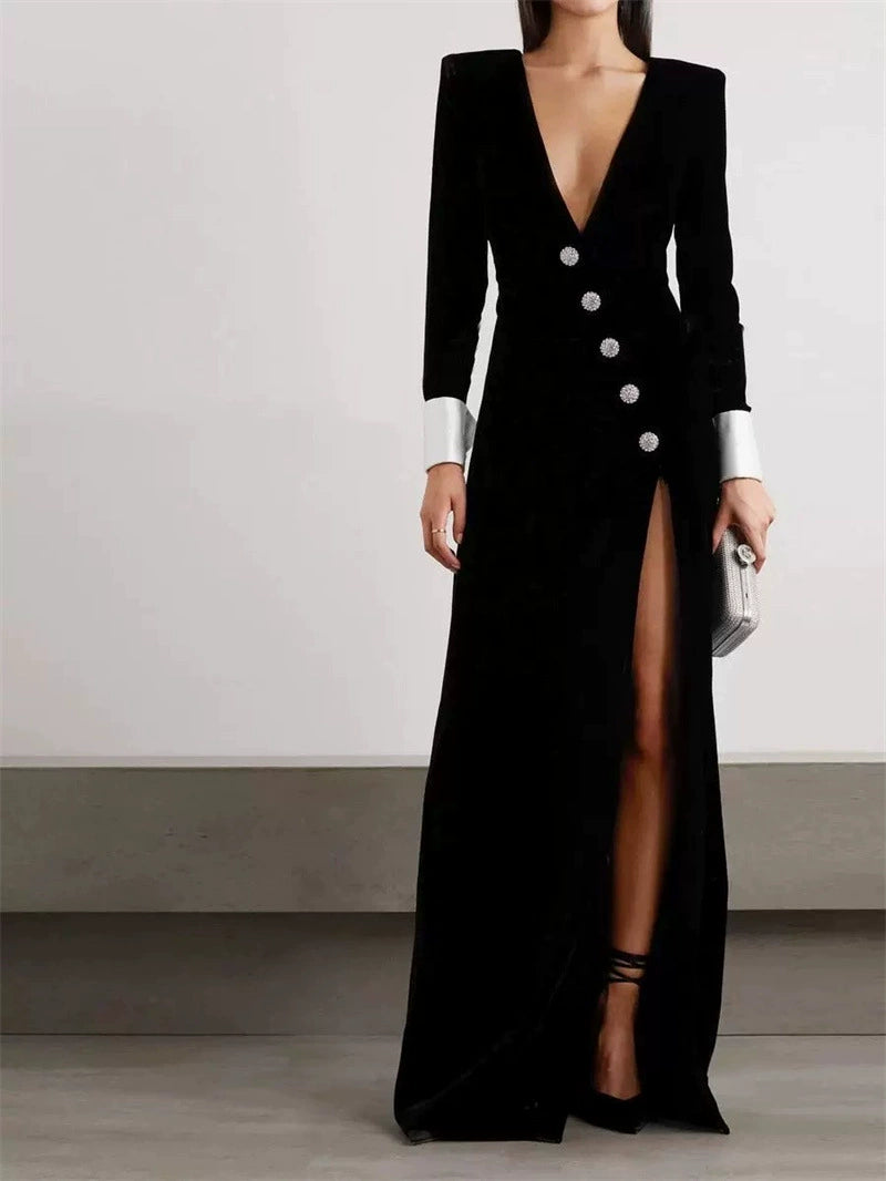 AIIZIE CROWN BLACK LONG SLEEVE V-NECK MAXI DRESS - product image