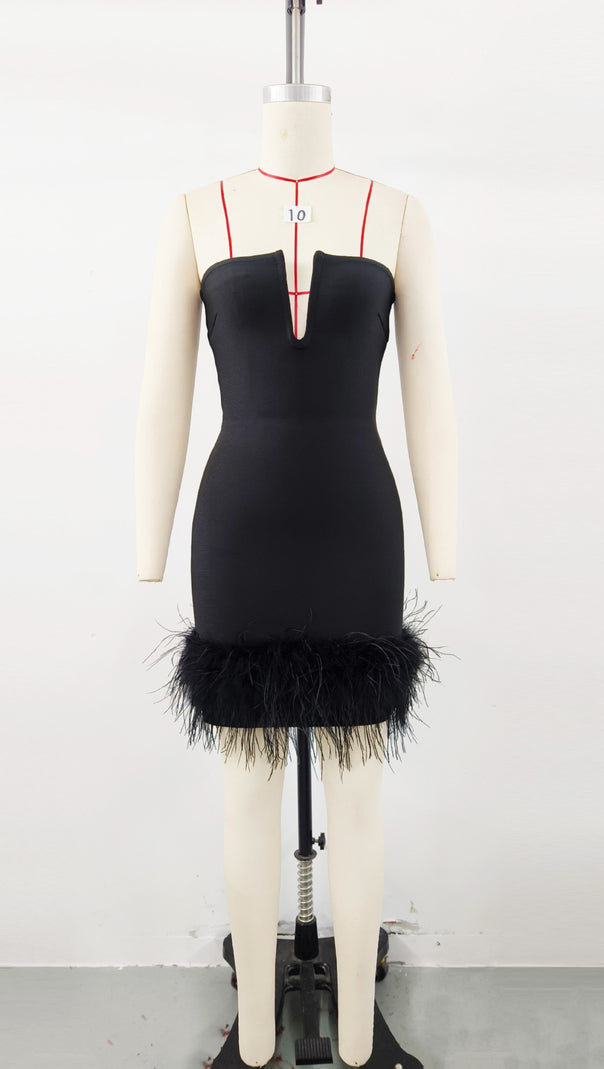 AIIZIE DEEP V TUBE TOP OSTRICH FEATHER HIP-WRAPPED MINI DRESS BLACK - product image