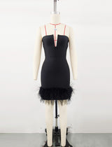 Deep V tube top ostrich feather hip-wrapped mini dress black