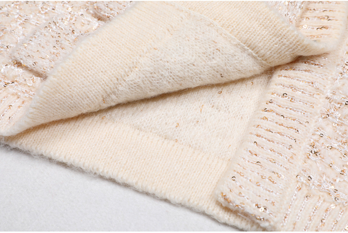Beige Strickjacke mit Pailletten und V-Ausschnitt