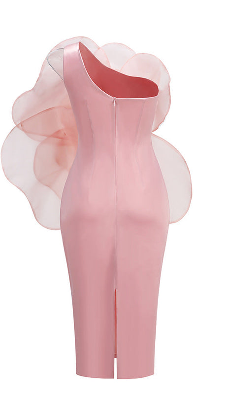 ANDREA MESH FLOWER ONE SHOULDER MIDI DRESS IN PINK