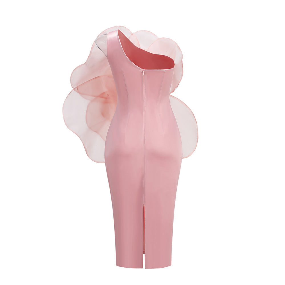 AIIZIE ANDREA MESH FLOWER ONE SHOULDER MIDI DRESS IN PINK - product image