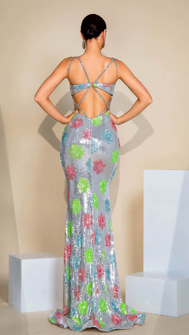 AIIZIE MULTICOLOR FLORAL EMBELLISHED SILVER SEQUIN MAXI DRESS - product image