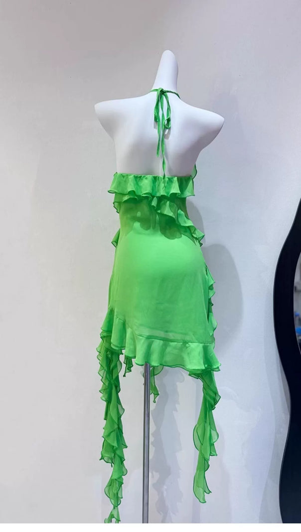 AIIZIE GREEN RUFFLED HALTER NECK MINI DRESS - product image