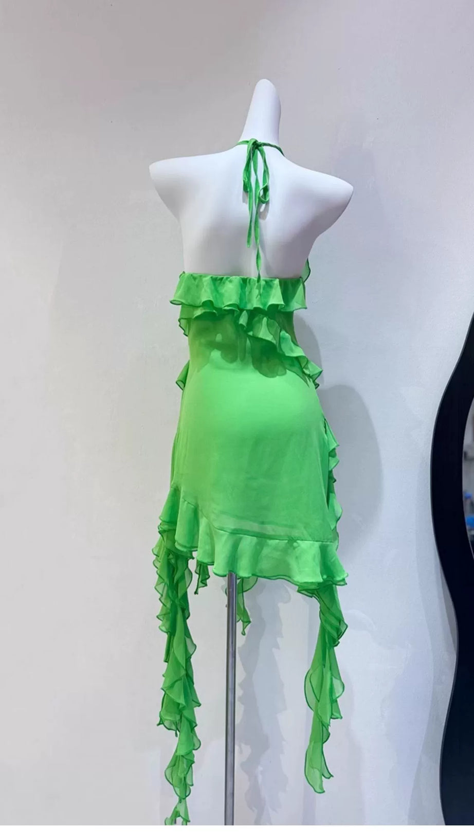 GREEN RUFFLED HALTER NECK MINI DRESS