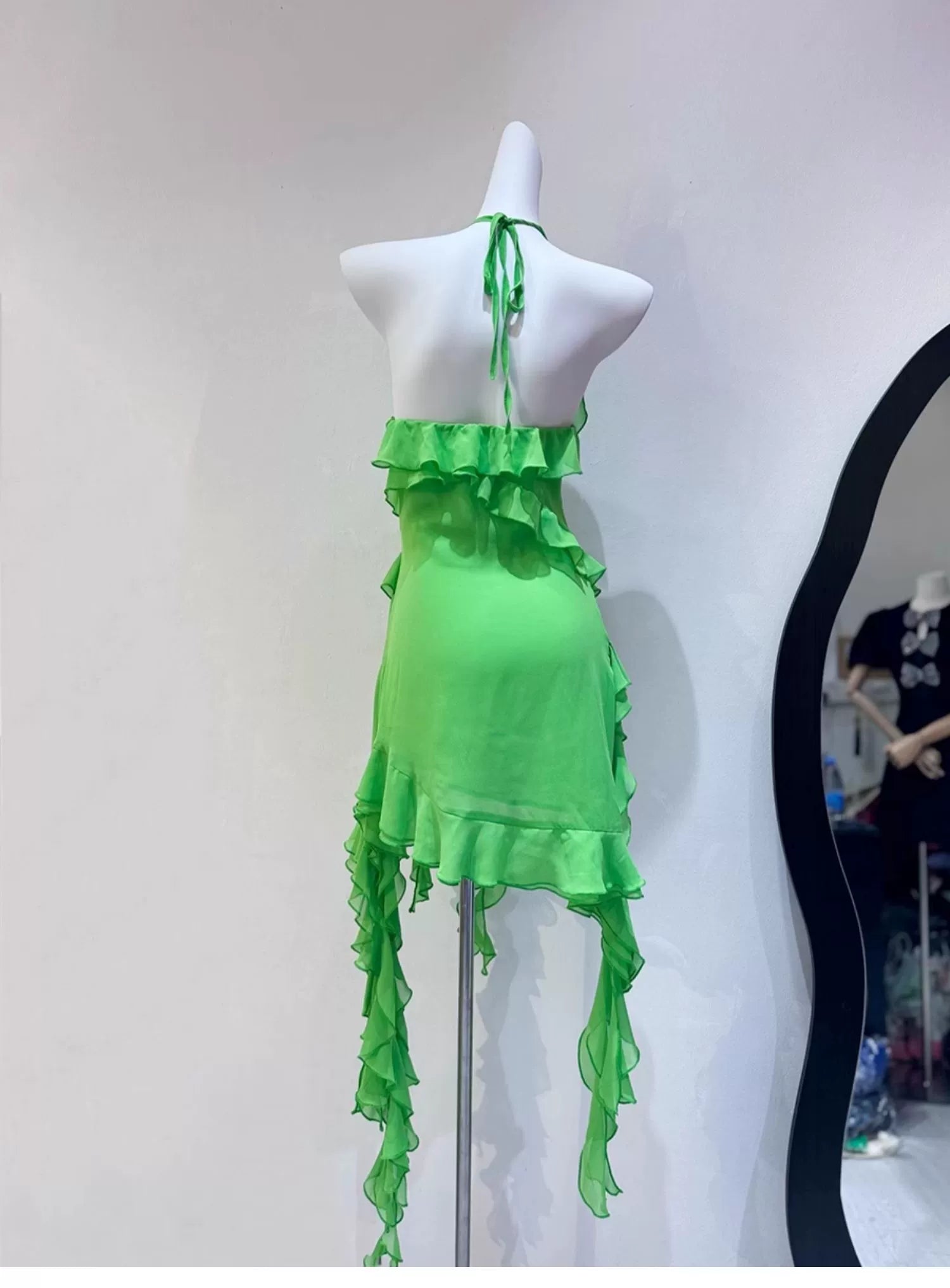 GREEN RUFFLED HALTER NECK MINI DRESS